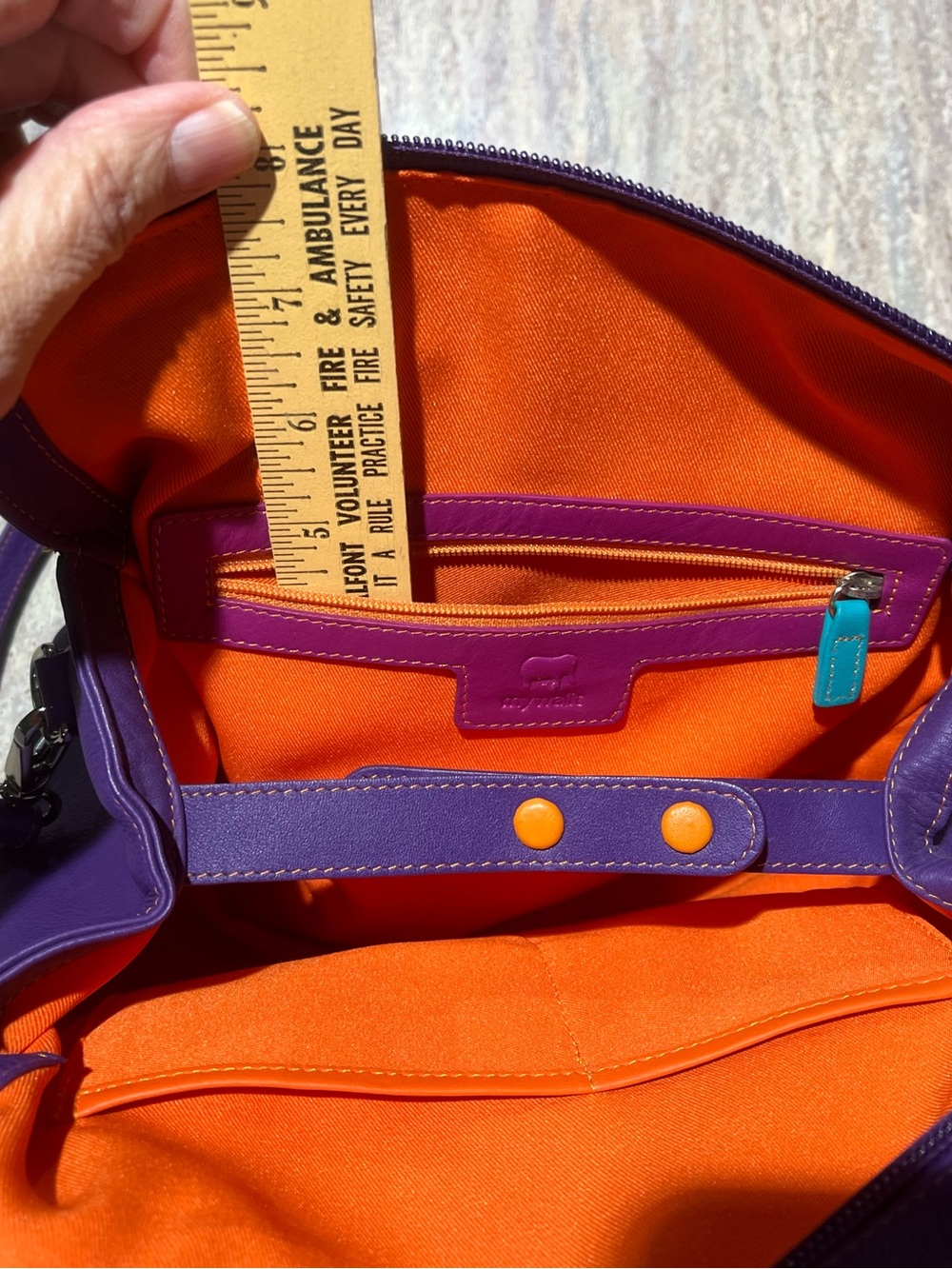 Mywalit Leather Satchel Crossbody NEW Purple w/pink & orange MINT - Picture 7 of 14